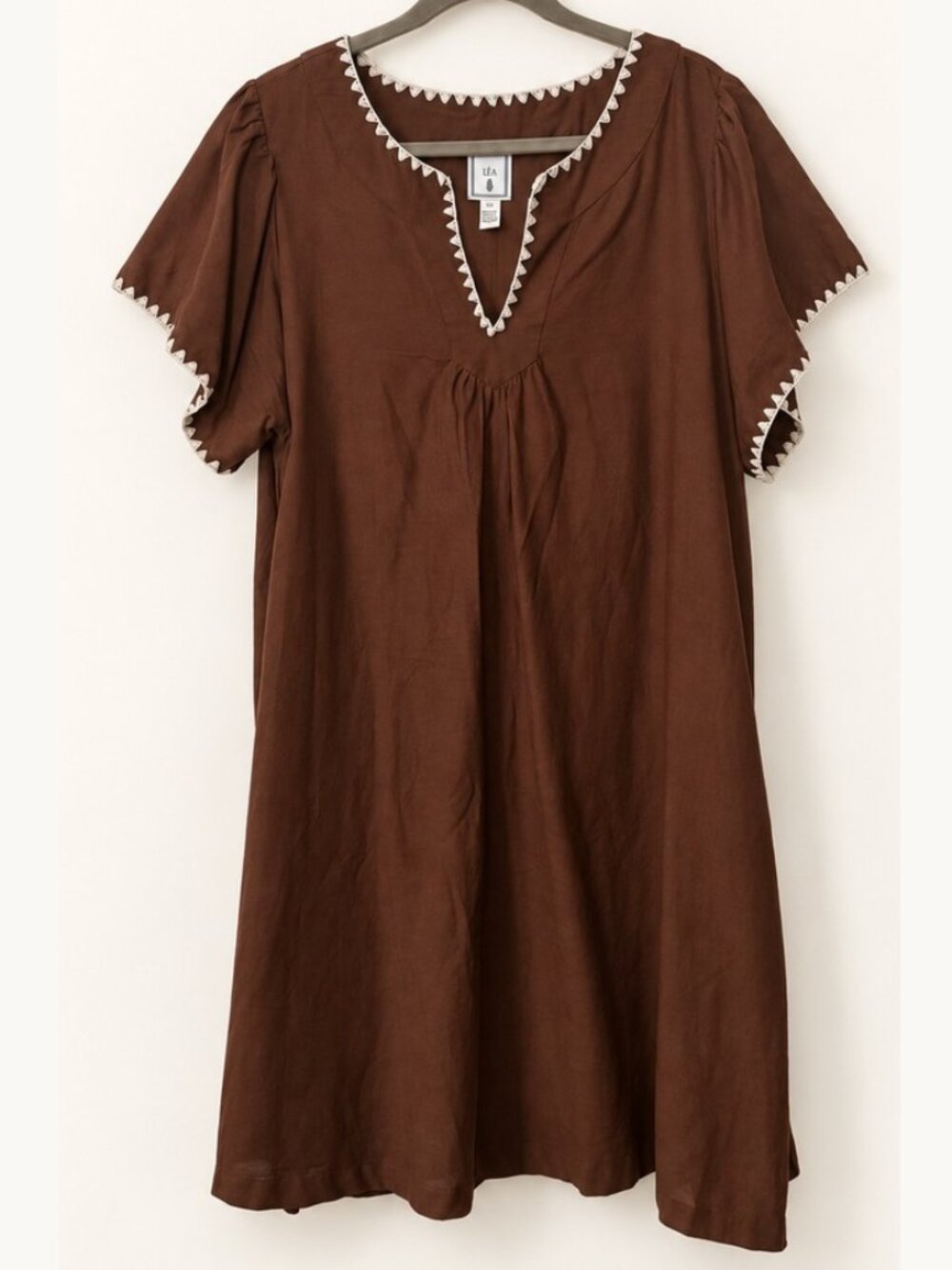 LEA Women's 2X Brown Boho Shift Dress Flutter Sleeve Ivory Embroidered Trim